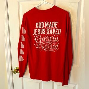 God made Jesus saved Georgia raised long sleeve T-shirt GA shape on sleeve.